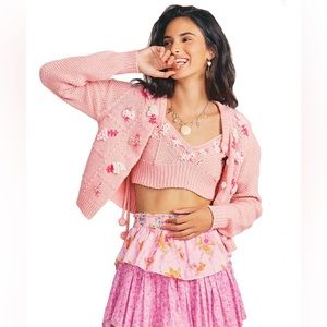 Loveshackfancy Briallon Floral Embroidered Pink Cardigan